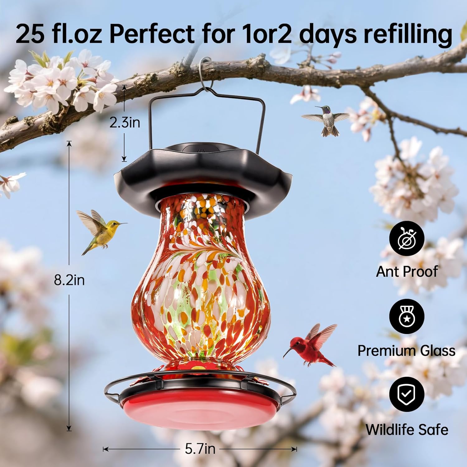 Solar Hummingbird Feeder for Outdoor - 25 fl.oz Hand Blown Glass Hummi