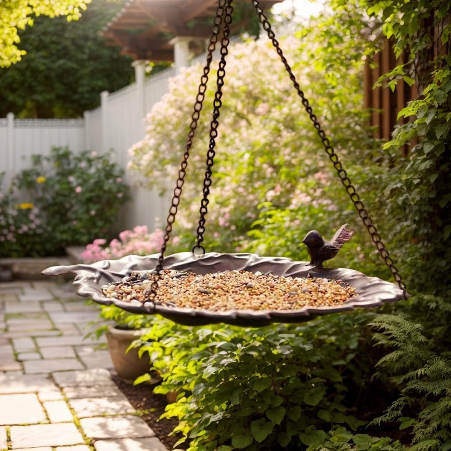 Hanging Bird Bath Feeder, Metal Hanging Bird Feeder Leaf Design, Rust 