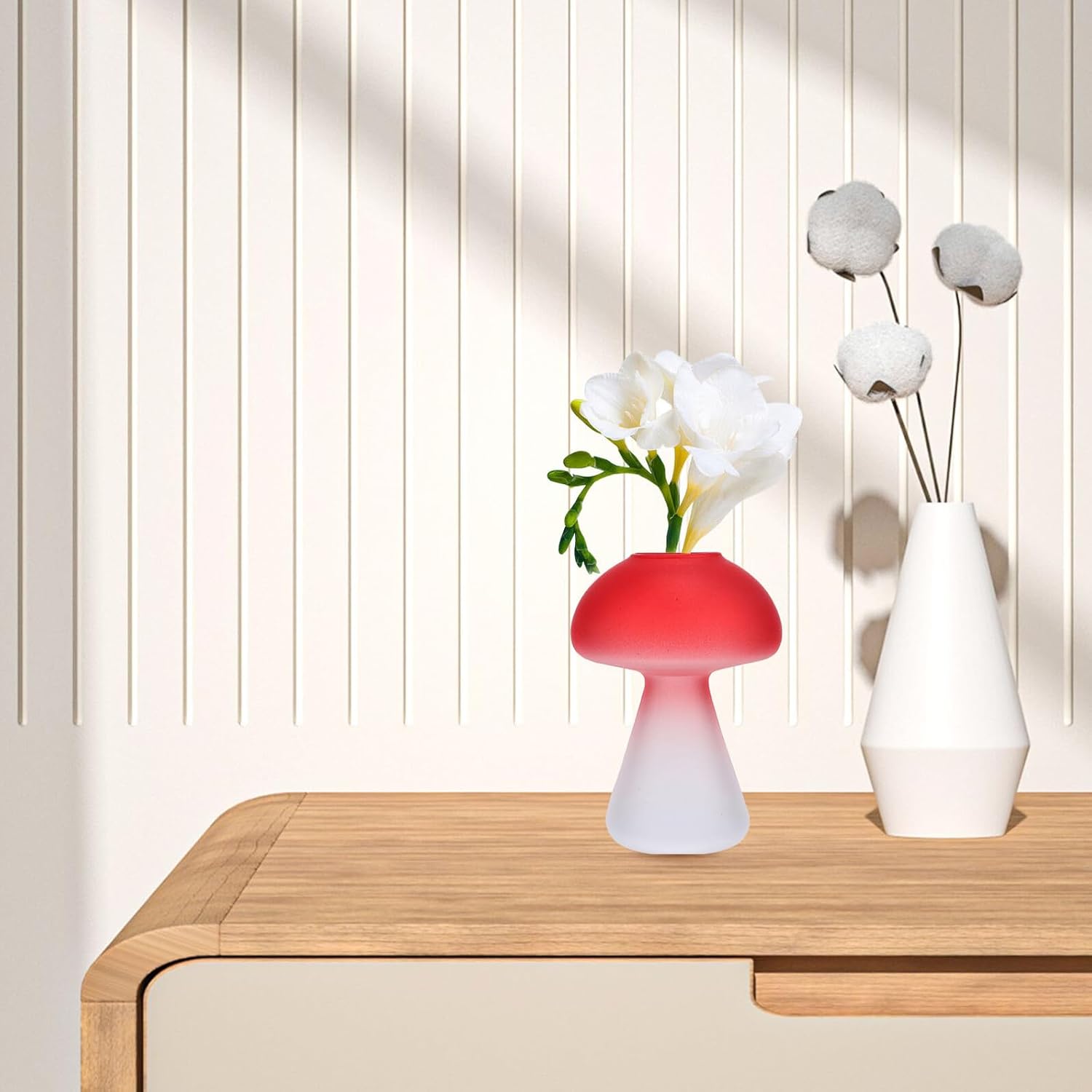 Mushroom Shaped Glass Vase Desktop Hydroponic Flower Pot Red Glass Ter