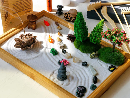 Tabletop Zen Garden Kit Set - Mini Rock Sand Garden Zen Gift Set for Home Office Desk Japanese Decor 7 Zen Tools Mini Rakes 21 Accessories Bamboo Sand Tray Therapy Desktop Meditation Room Gifts