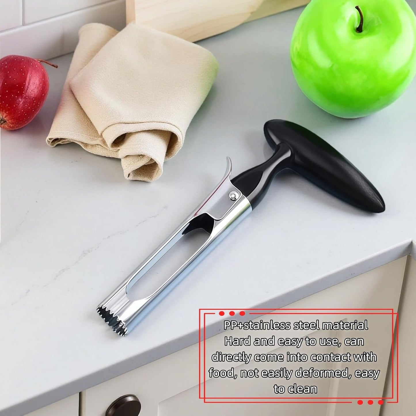 Premium Stainless Steel Apple Corer, Professional Fruit Core Remover Tool with Ergonomic Black Handle, Serrated Blades for Apples, Pears, Peaches, Plums, Easy Use & Clean (Black)