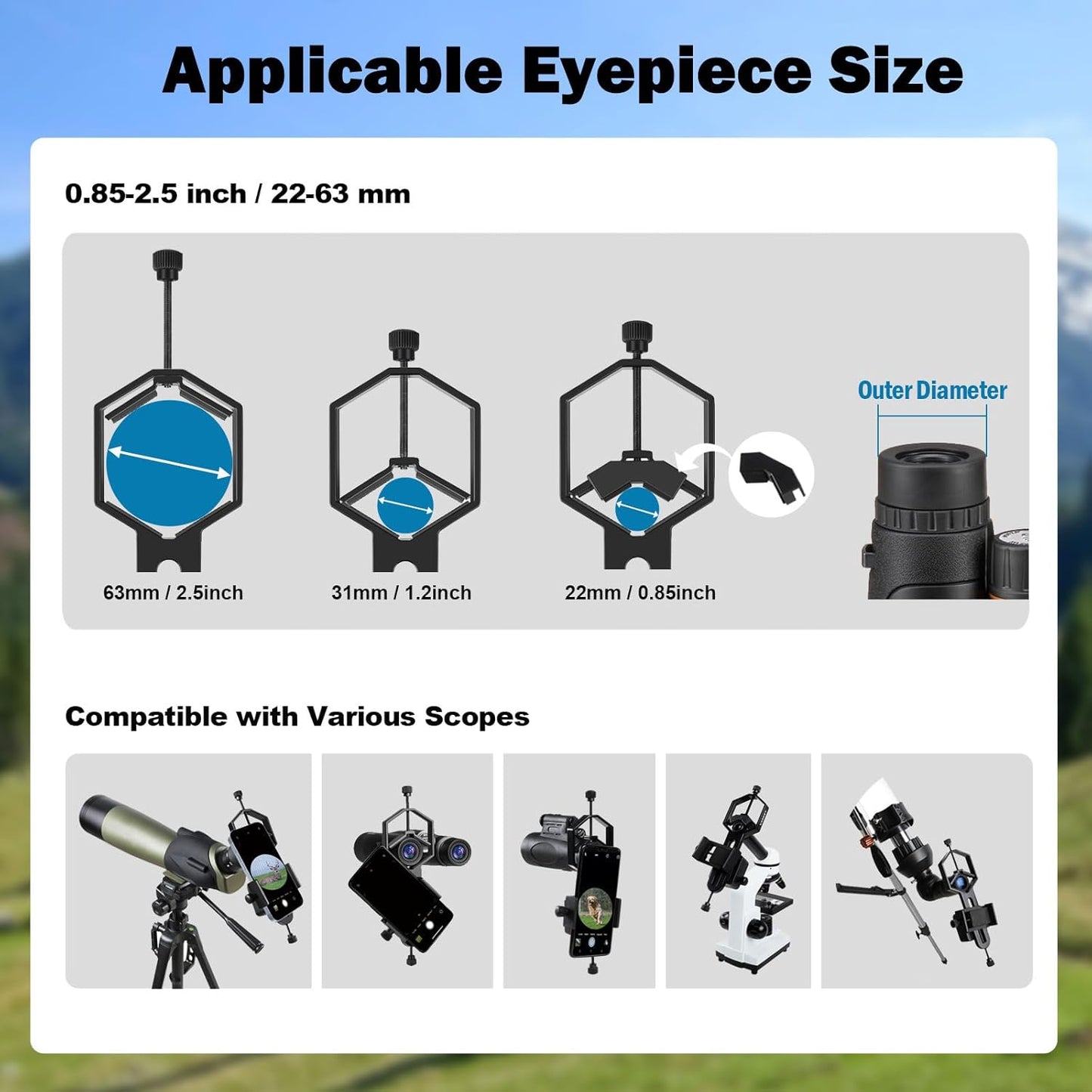 VANKEY 2-Axis Phone Scope Mount, Universal Spotting Scope Phone Adapter, Metal Telescope Mount for Binocular, Monocular, Microscope - Fits Max 2.5" Eyepiece Diameter, for iPhone Android Phones