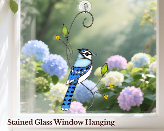 Blue Jay Stained Glass Bird Suncatcher for Mom, Grandma, Women - Real Glass Window Hanging Ornament - Handmade Bird Lover Home Decor (Gifts Ready Packaging)