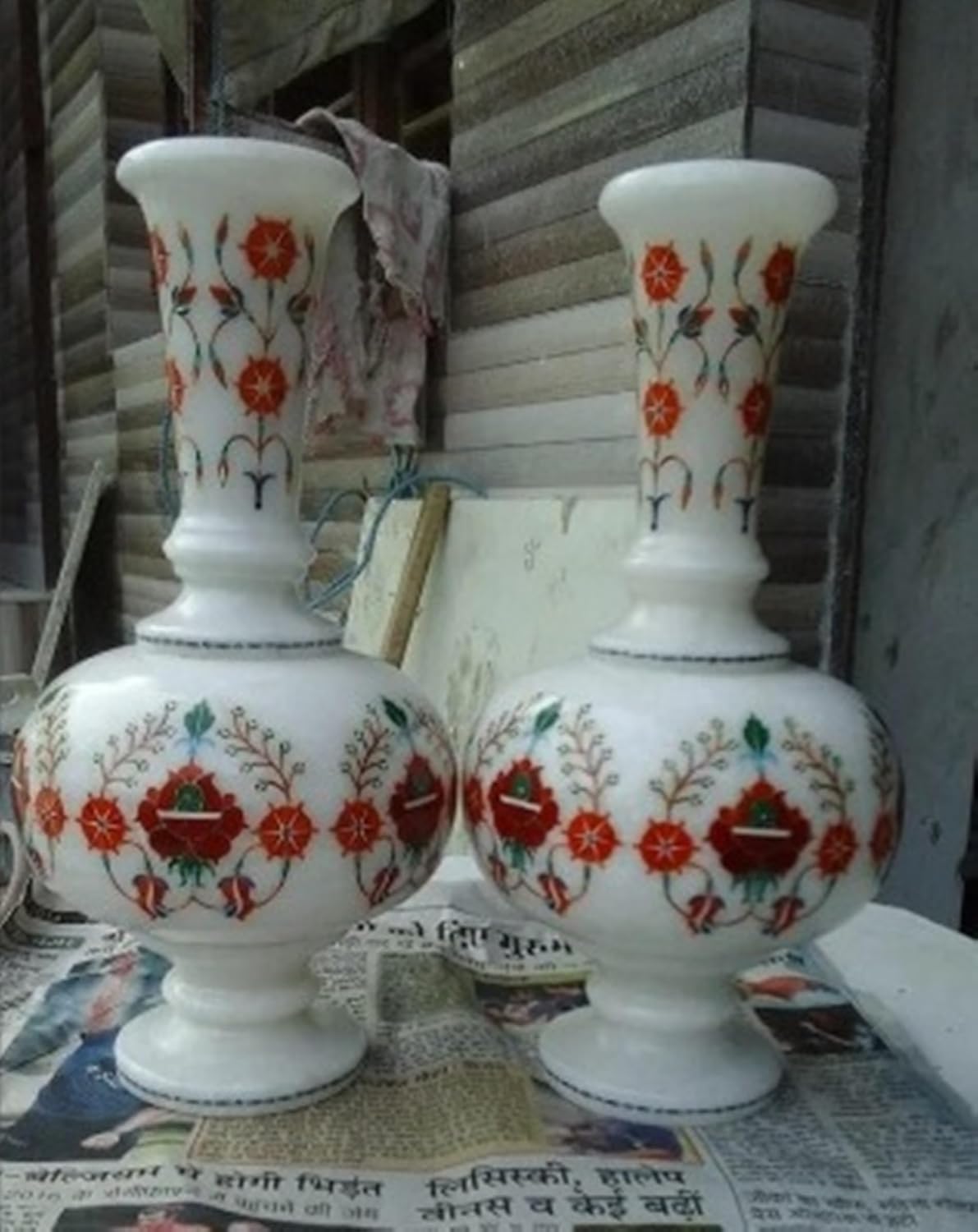 Stoneware Flower Pot I Marble Inlay Flower Vase I Handmade Plant Pot I Urban Plant Pot I Marble Indoor Vase Set of 2 Pieces I Gemstones Inlay Plant Stand I 14 Inches Flower Case I Housewarming Gift