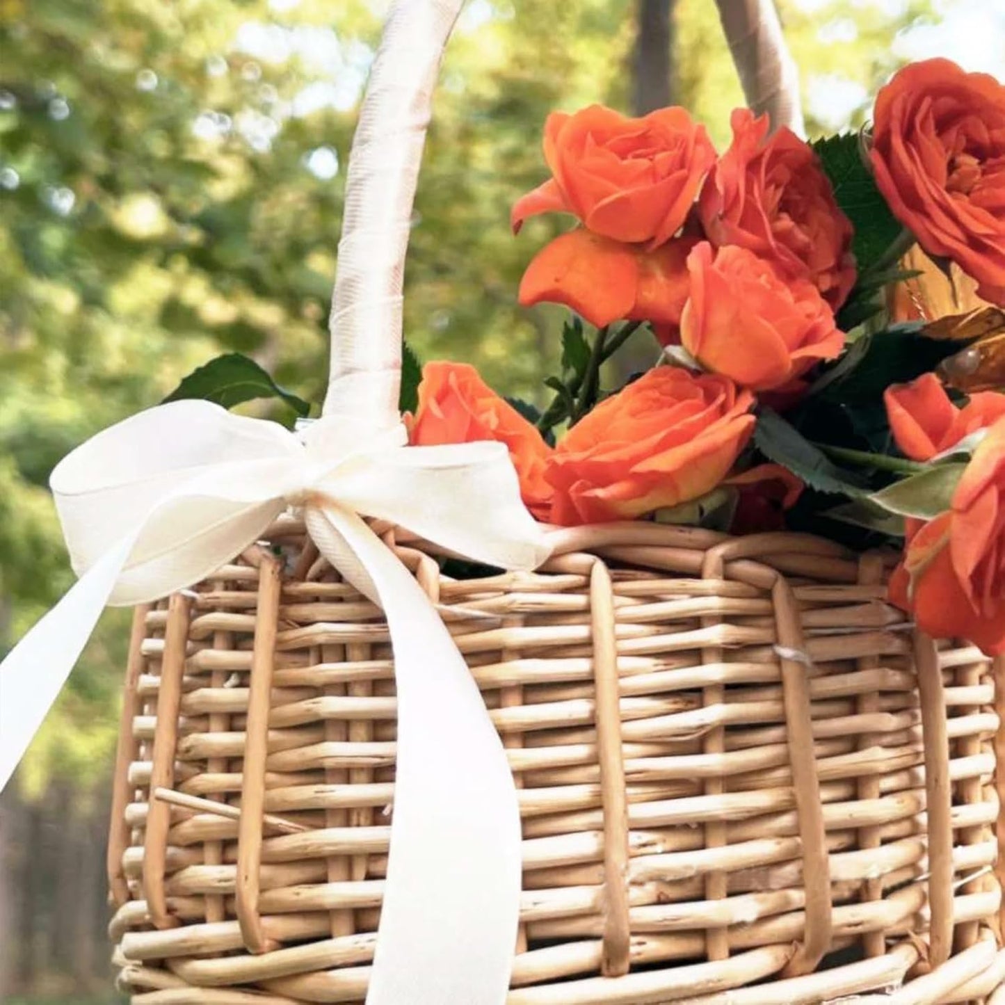 2 PCS Rattan Flower Basket.Flower Girl Carry Basket with Lace Bow Lined Handmade Wicker Carry Basket for Vintage Wedding Garden Decor