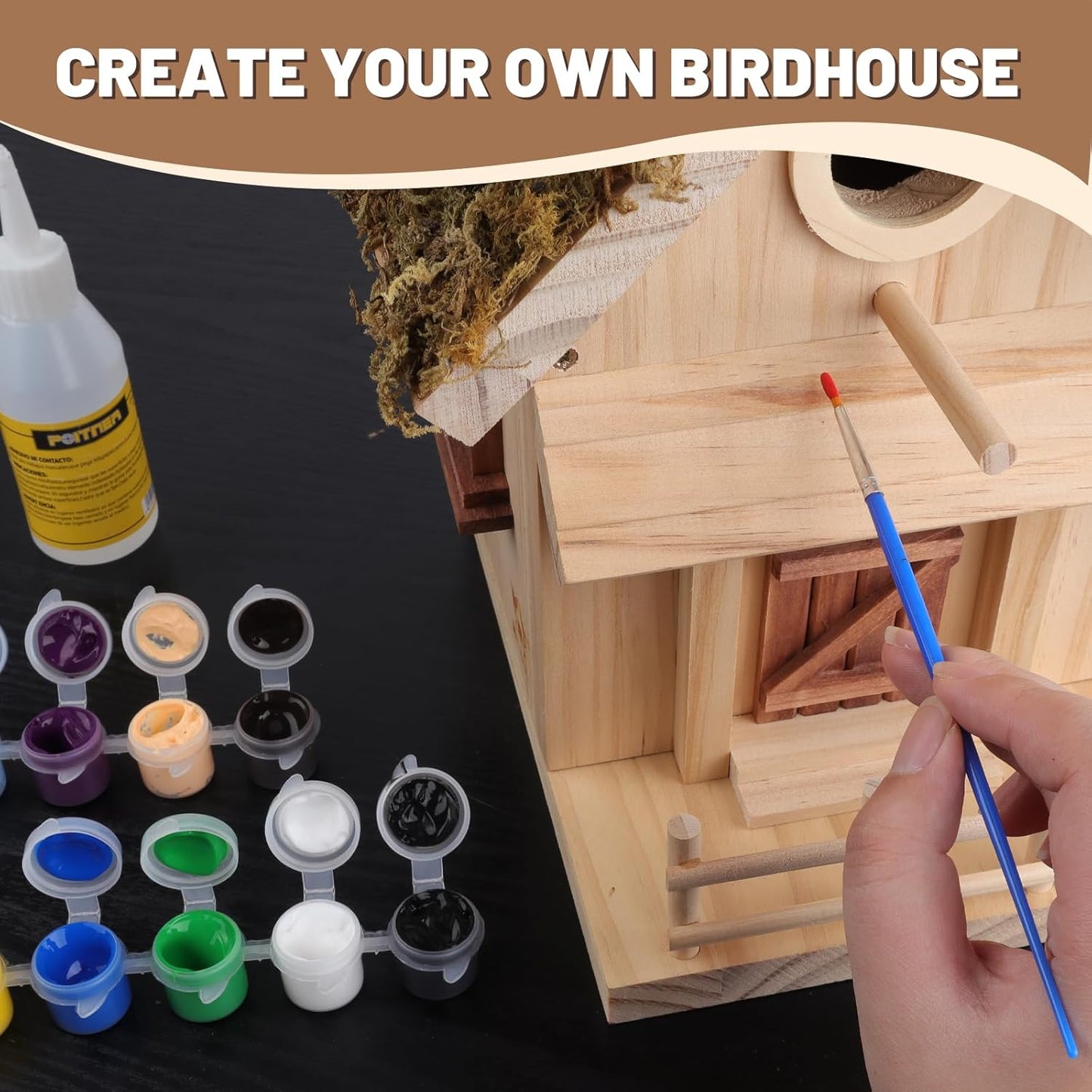 Cottage Style Birdhouse Kit - DIY Bird House for Outdoors, Cedar Roof & Front Porch, Natural Bark Siding, Premium Pine Wood, Fun Family Craft Project
