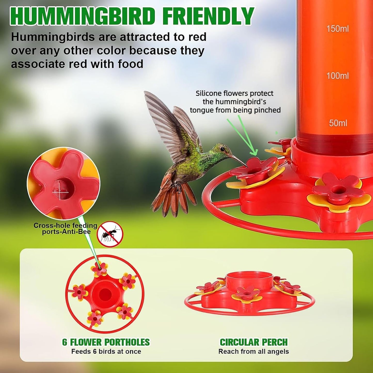 13 oz Outdoor Hanging Bird Feeder with 5 Flower-Shaped Ports & Perch -