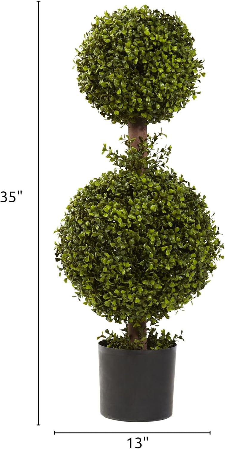 Nearly Natural 35IN Artificial Double Boxwood Topiary Ball Tree, Fake Topiary Plant for Indoor Home Décor in Black Nursery Planter