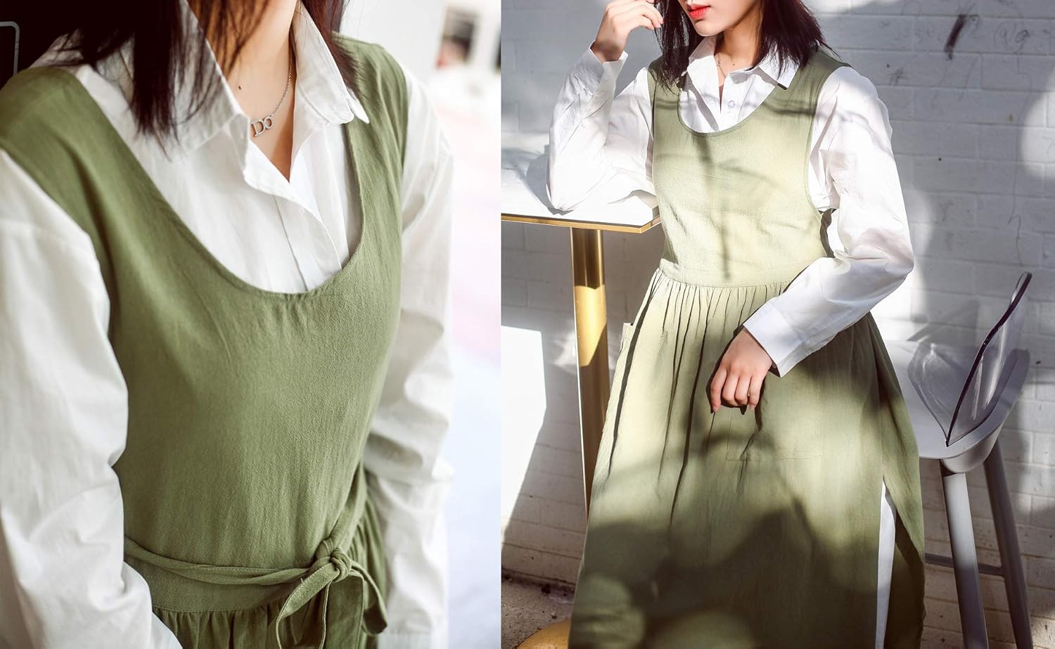 Women Plus Size Cotton Linen Vintage Pleated Split Apron Pinafore Dres