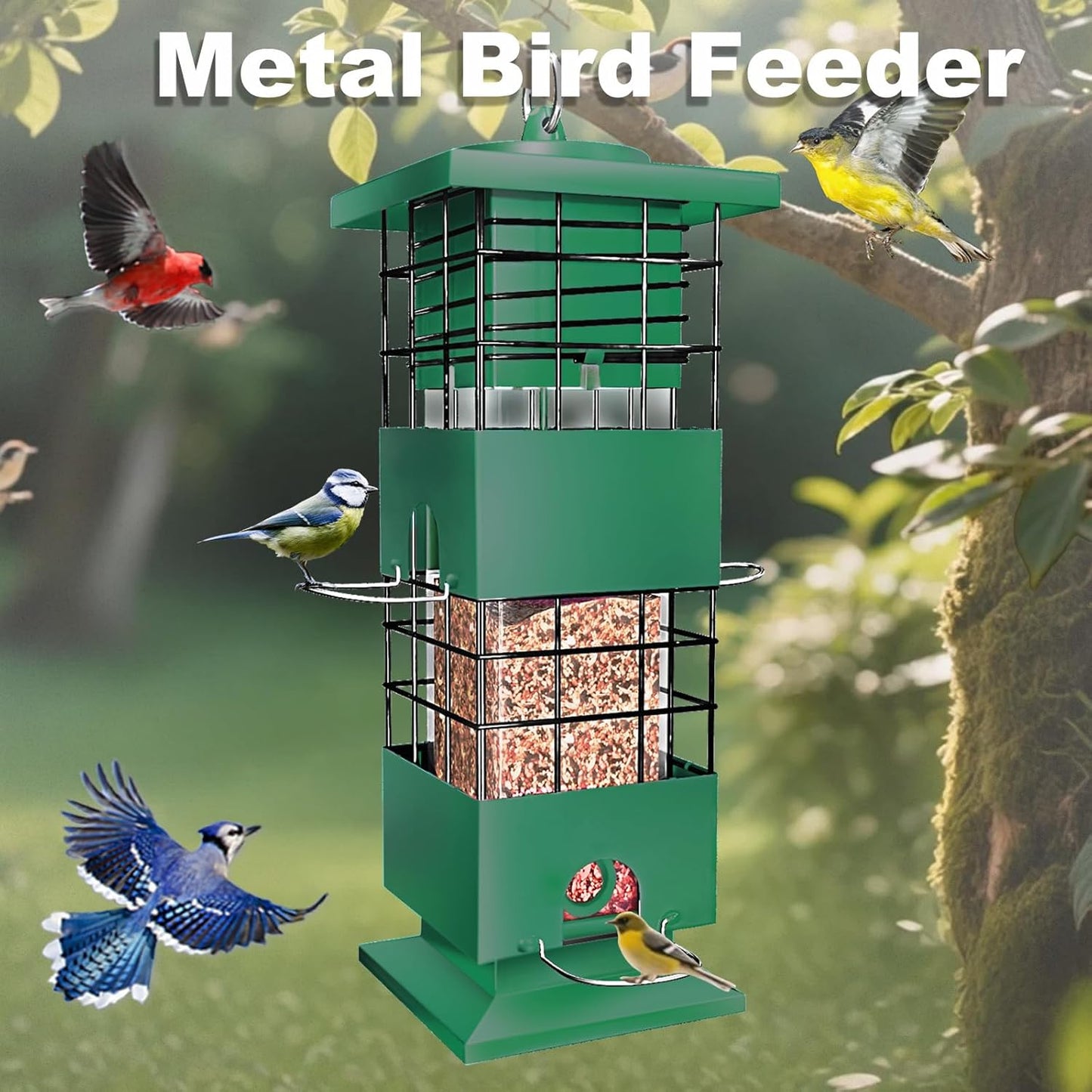 Bird Feeder Squirrel Proof, 3Lbs Metal Heavy Duty Birds Feeder with 4 Feeding Ports for Outdoors Hanging, Birdseed Feeder for Cardinal, Finch, Sparrow, Wild Birds, Outside (Green)