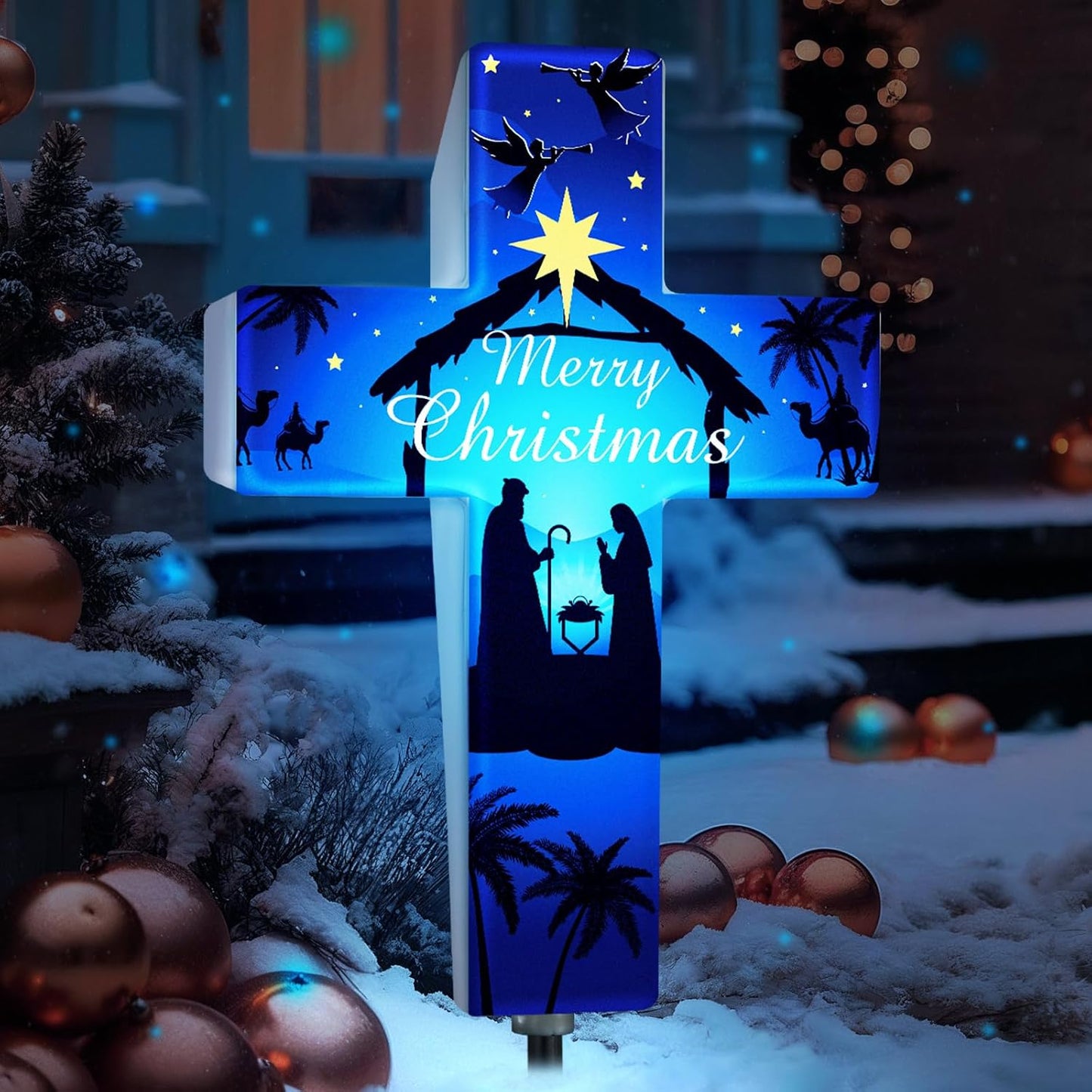 Yousoontic Outdoor Nativity Scene Solar Lighted Religious Christmas Garden Stake Nativity Scene Yard Decorations Solar Light up Holy Night Cross Stake Decor for Christmas Outside Patio Yard(Classic)