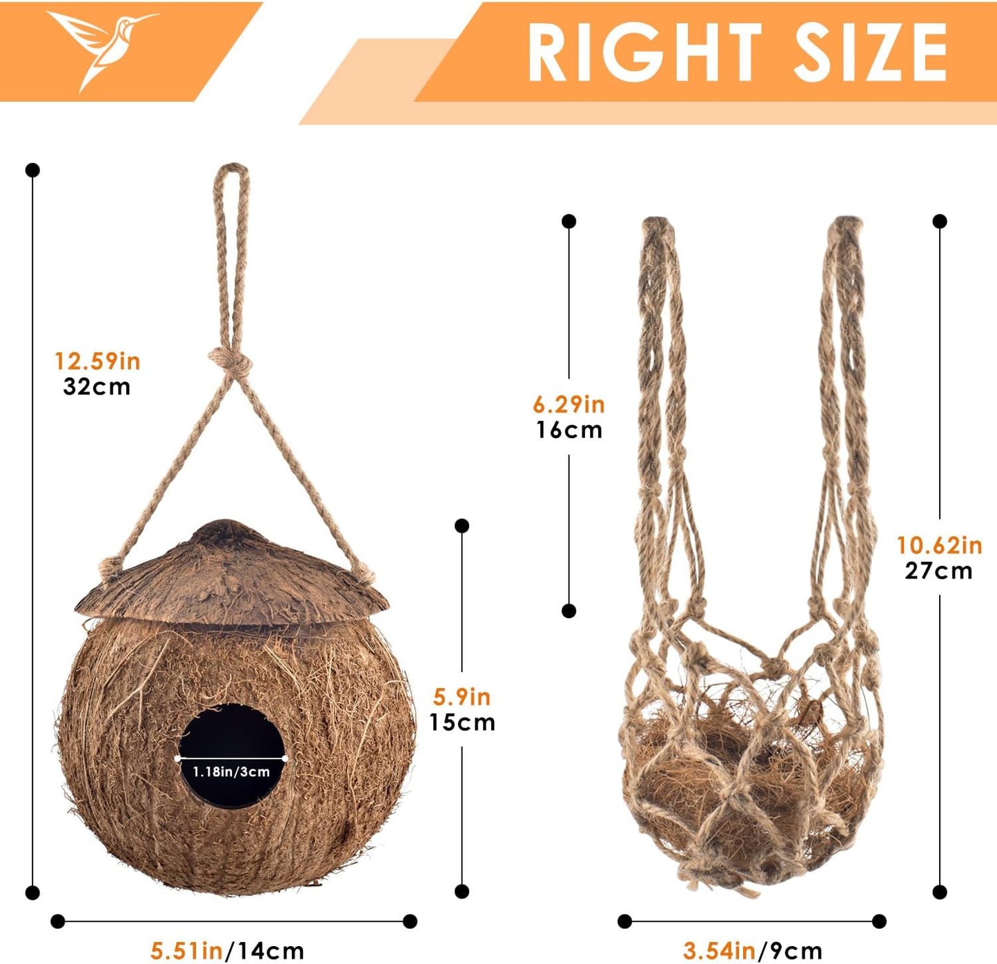 KATUMO Hummingbird Houses, Natural Coconut Bird Houses for Outside Hanging Hummingbird Swinging Nest, with Coconut Fiber Bedding for Nesting Window Garden Outdoor Home, 3Pcs