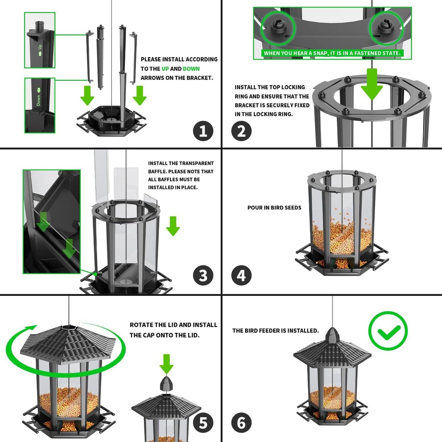 Birdream Hanging Bird Feeders, Retro Pagoda Design Fun Installation Squirrel Proof Bird Feeders, Attracting Wild Birds Chickadees Goldfinches Cardinals Finches and Sparrows - Black