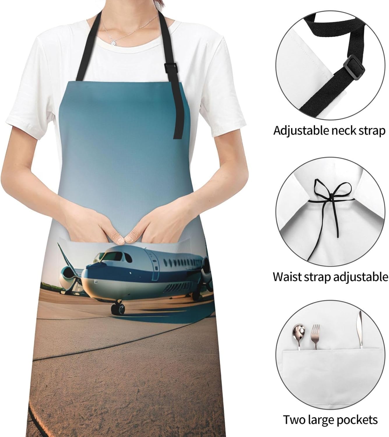 Airplane Print 28x33 In Adult Kitchen Apron with Pockets Versatile Chef Smock for Cooking Baking
