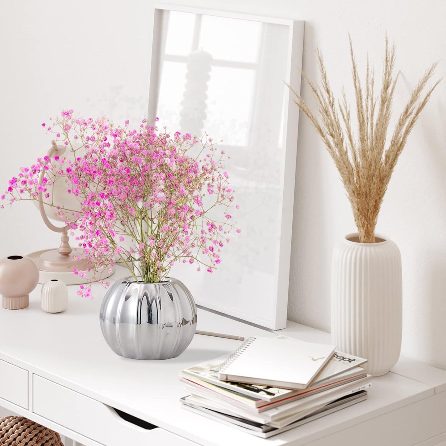 Silvery Ceramic Pumpkin Vase - Dried Flower Hydroponic Pot for Fireplace, Office, Living Room - Harvest Festival & Halloween Decoration