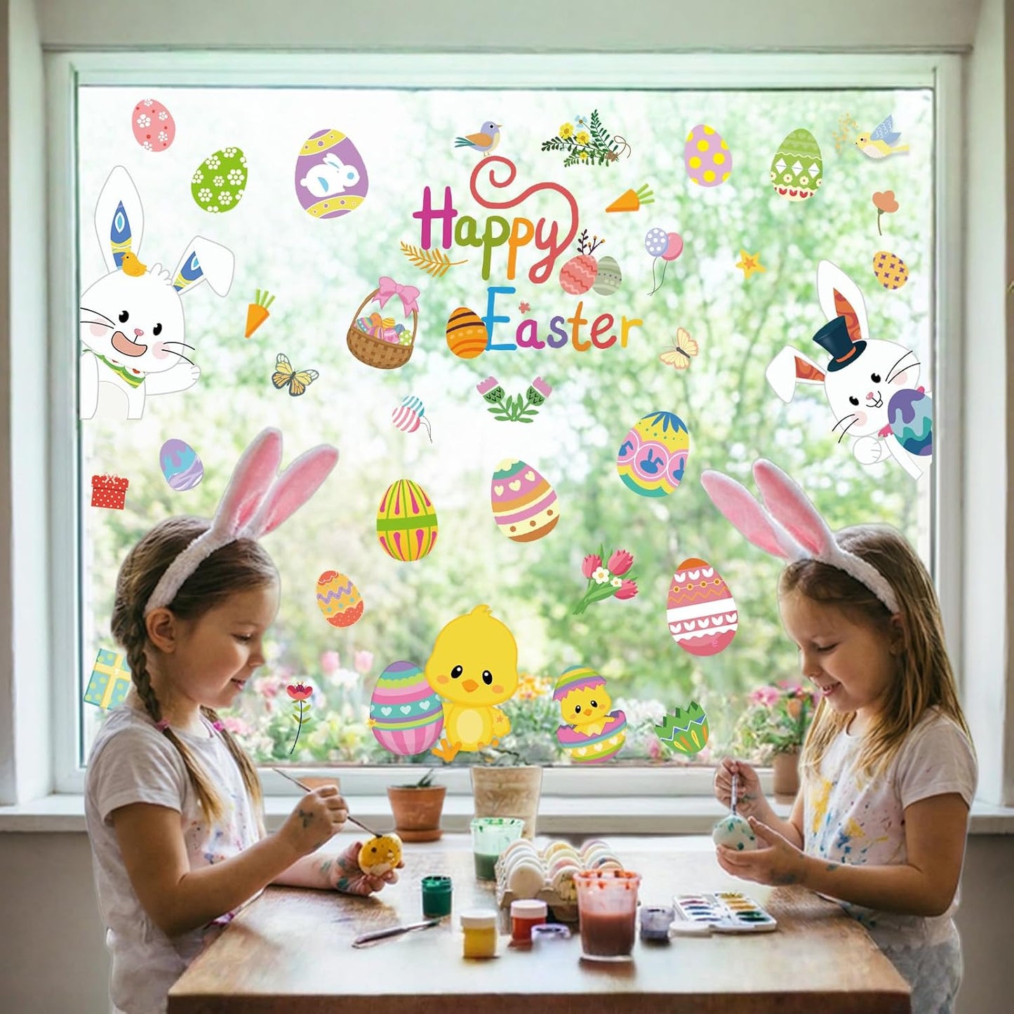 9 Sheets Easter Window Clings, Happy Easter Decorations, Eggs Bunny Rabbit Window Stickers for Home Office School, Spring Decals Decor for Glass Windows Doors
