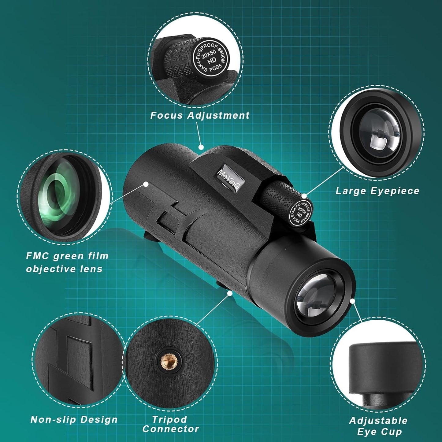20x50 HD Monocular for Adults with Phone Adapter and Tripod, 50mm Objective Lens, Multi-Coated Optics, BaK-4 Prism, Belt Case