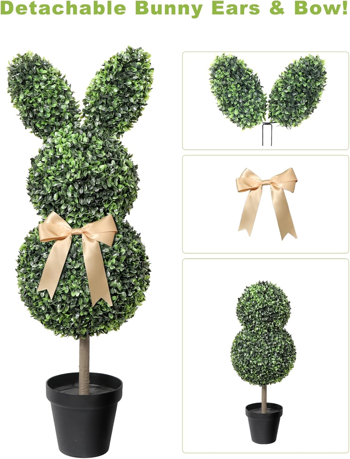 Artificial Bunny Shaped Topiary Tree with Bow, 2 Pcs Easter Rabbit Boxwood Topiaries Plant, 3 Ft Easter Decorations with Planter Pot, Spring Decor for Front Porch, Patio, Lawn, Backyard & Indoor Decor