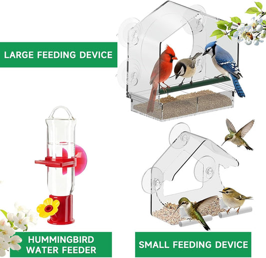 Window Bird Feeders (Large & Small) Plus Hummingbird Waterers（3-Piece Set） Lure Various Birds, Offer Easy Food & Water Access. Extra-Strong Suction Cups, Easy to Mount, Perfect for Outdoor Use.