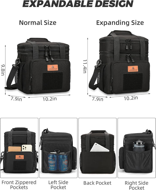 HSHRISH Expandable Large Tactical Lunch Box for Adults, Durable Insulated Lunch Bag with Shoulder Strap, Soft Cooler Bag for Men Work Outdoor Picnic Trips, 20 Can/16 L, Black