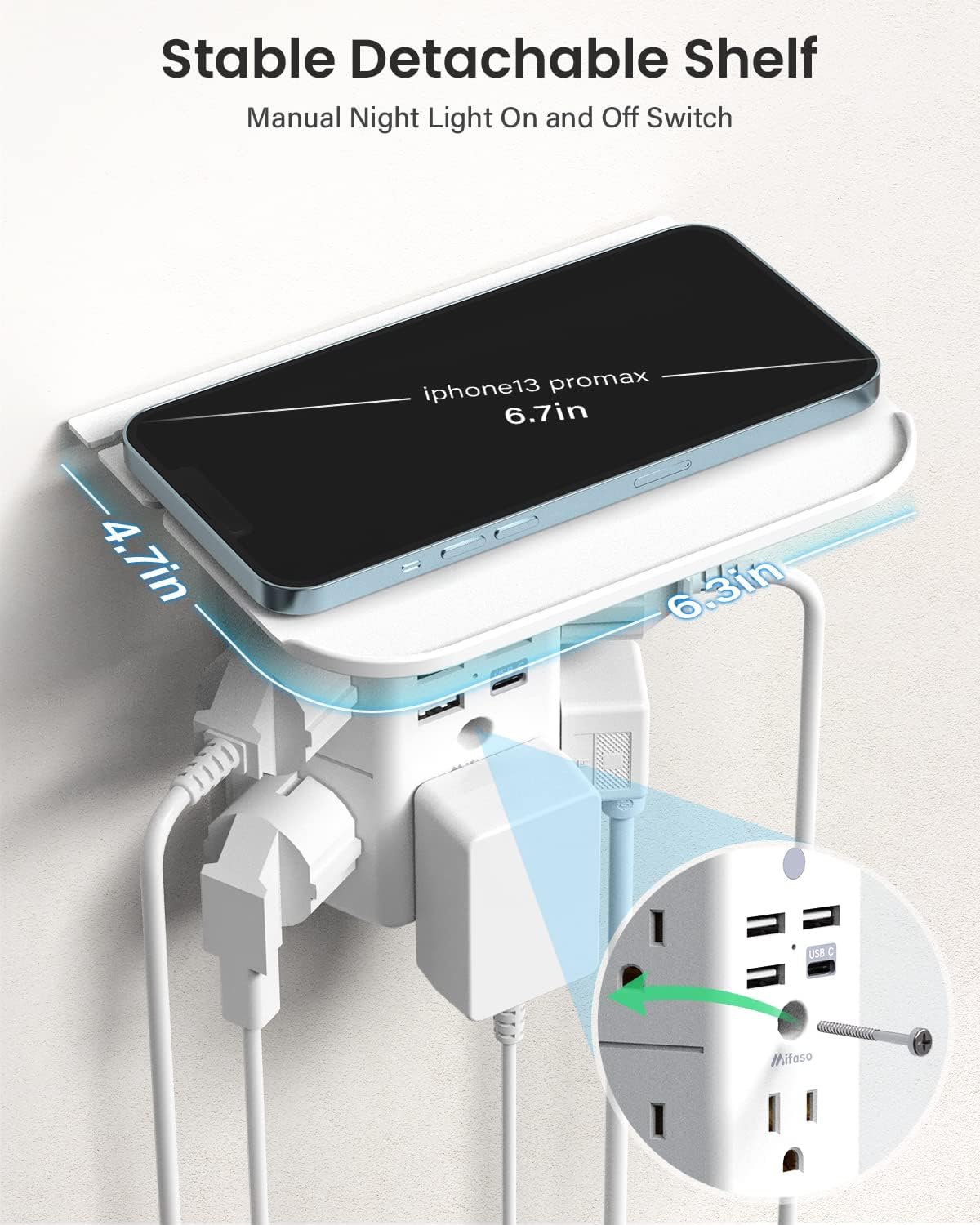 Wall Outlet Extender with Shelf and Night Light, Surge Protector, Wall