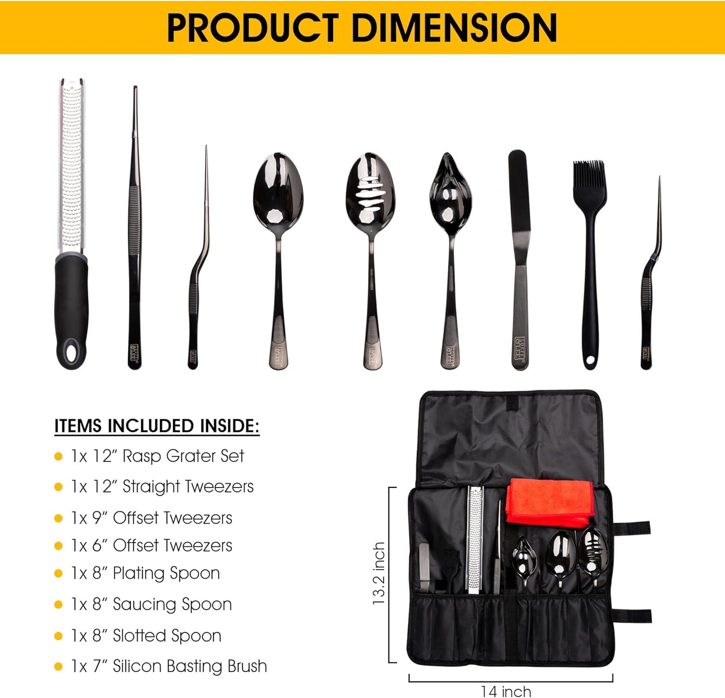 7 Pc Black Plating Tools Culinary Set (Professional Chef Utensils)| Chef Kit with 3 Plating Spoons, 3 Chef Plating Tweezers, Offset Spatula. Bundled with Zester Tool Set and Silicon Basting Brush