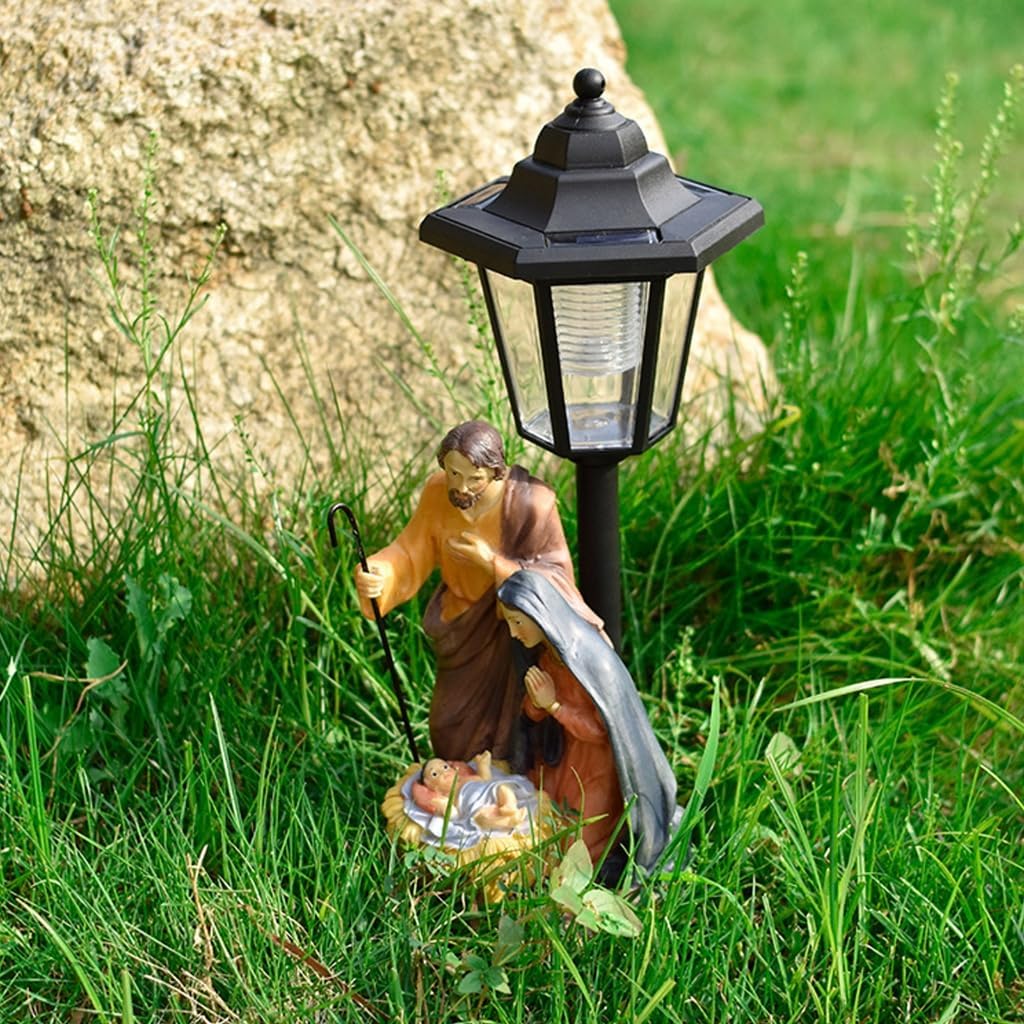 Solar Operated Light Nativity Scene Resins Religious Garden Lawn Ornament Decors
