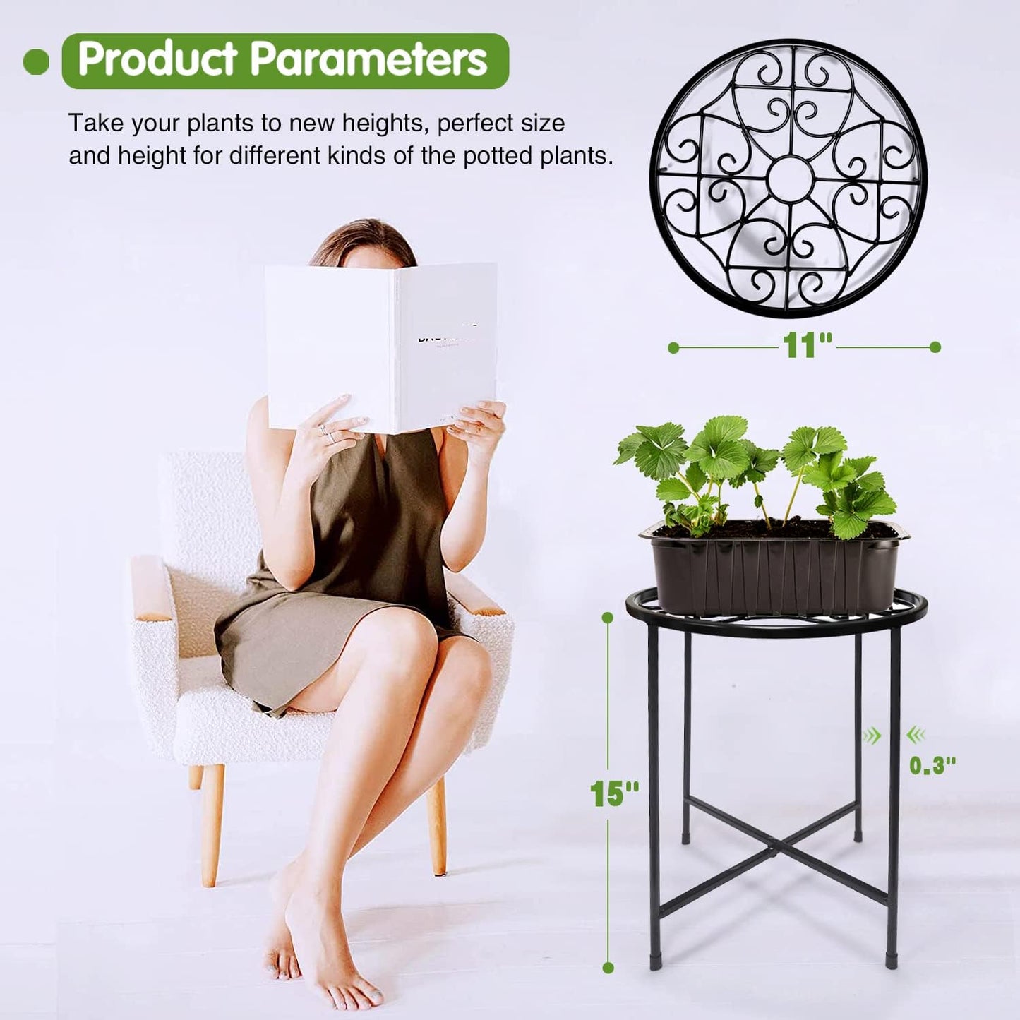 15" Tall Metal Plant Stand, 2 Pack 11" Wide Round Plant Stand for Flow