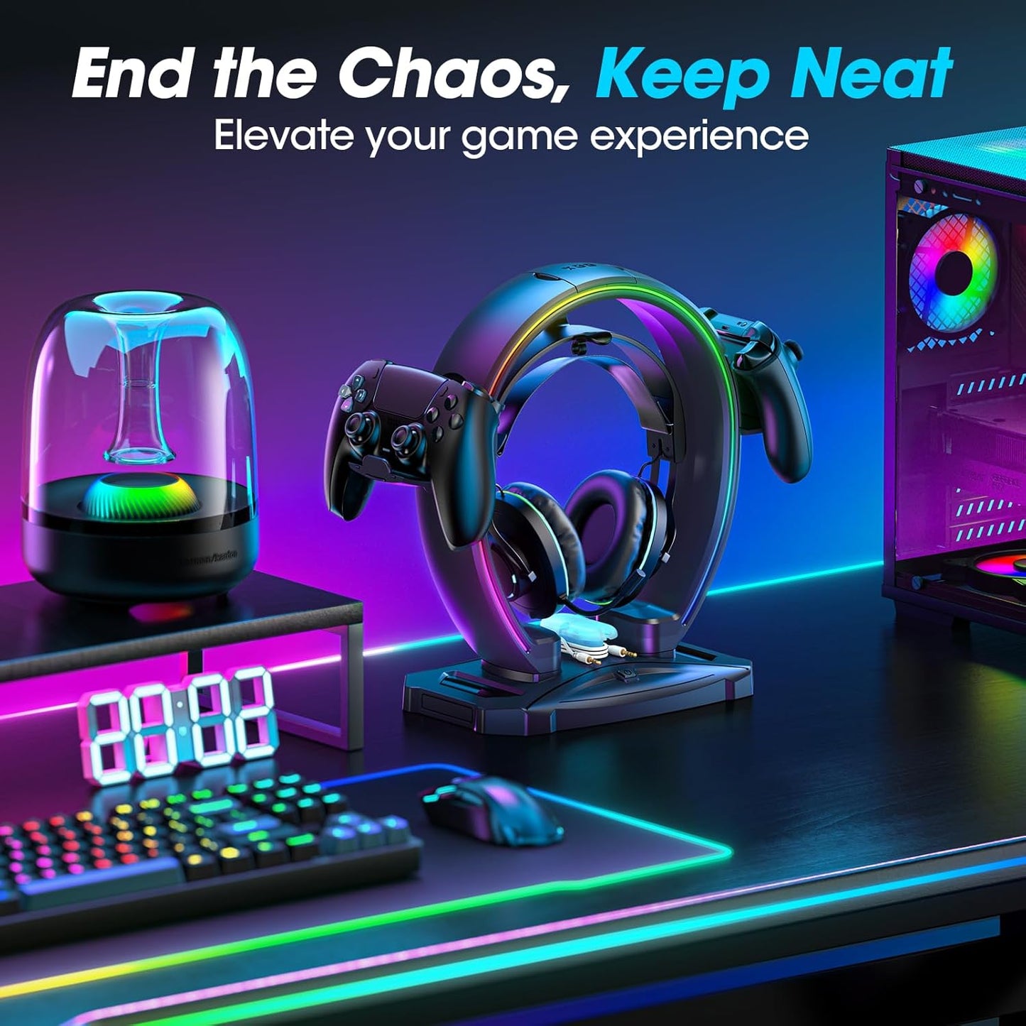 KDD RGB Headphone & Controller Stand with 9 Light Modes - Foldable Con