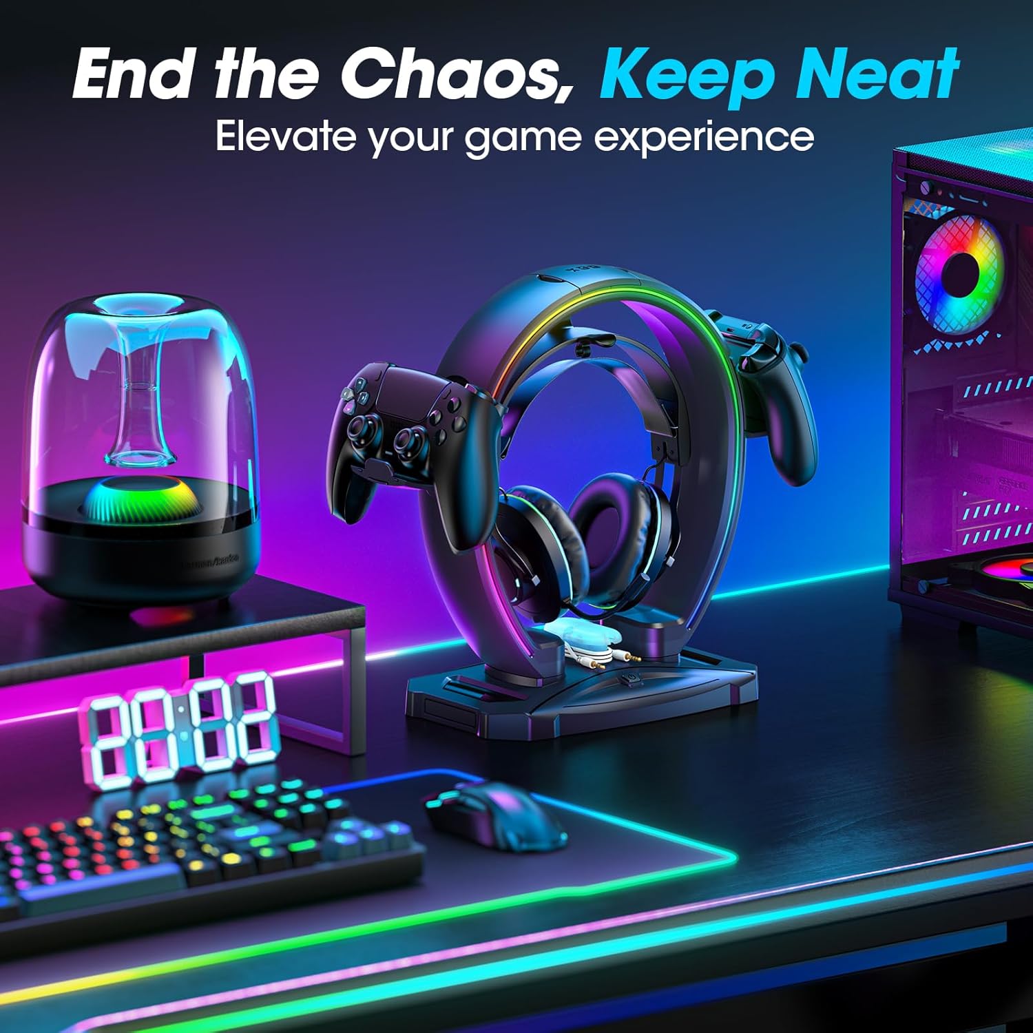 KDD RGB Headphone & Controller Stand with 9 Light Modes - Foldable Con