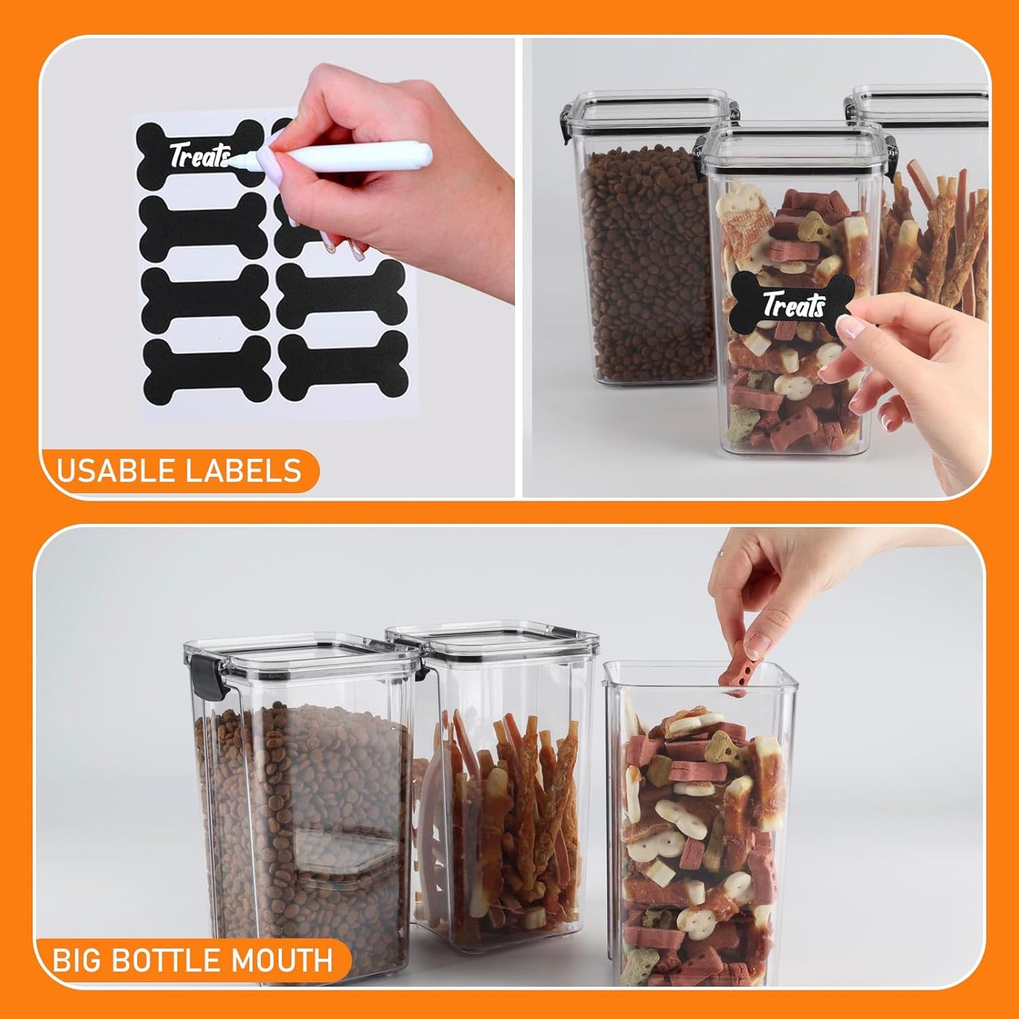 3Pack Pet Food Storage Containers, Airtight Dog Food Storage Container with Locking Clips, Dog Treat Container with a Stickers & Pen for Customizing , for Pet,Bird Seeds,Dog & Cat Treats(Black)