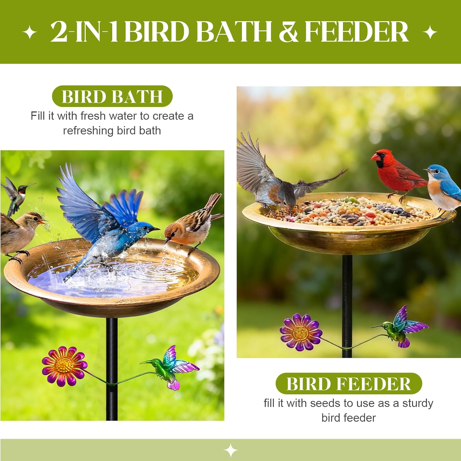 Bird Bath for Outdoors,Metal Freestanding Garden Bird Feeder with Deco