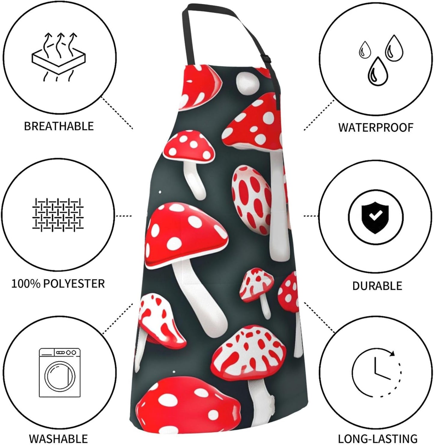Red White Mushroom Print Laundry apron 28x33 In Waterproof Kitchen Apr