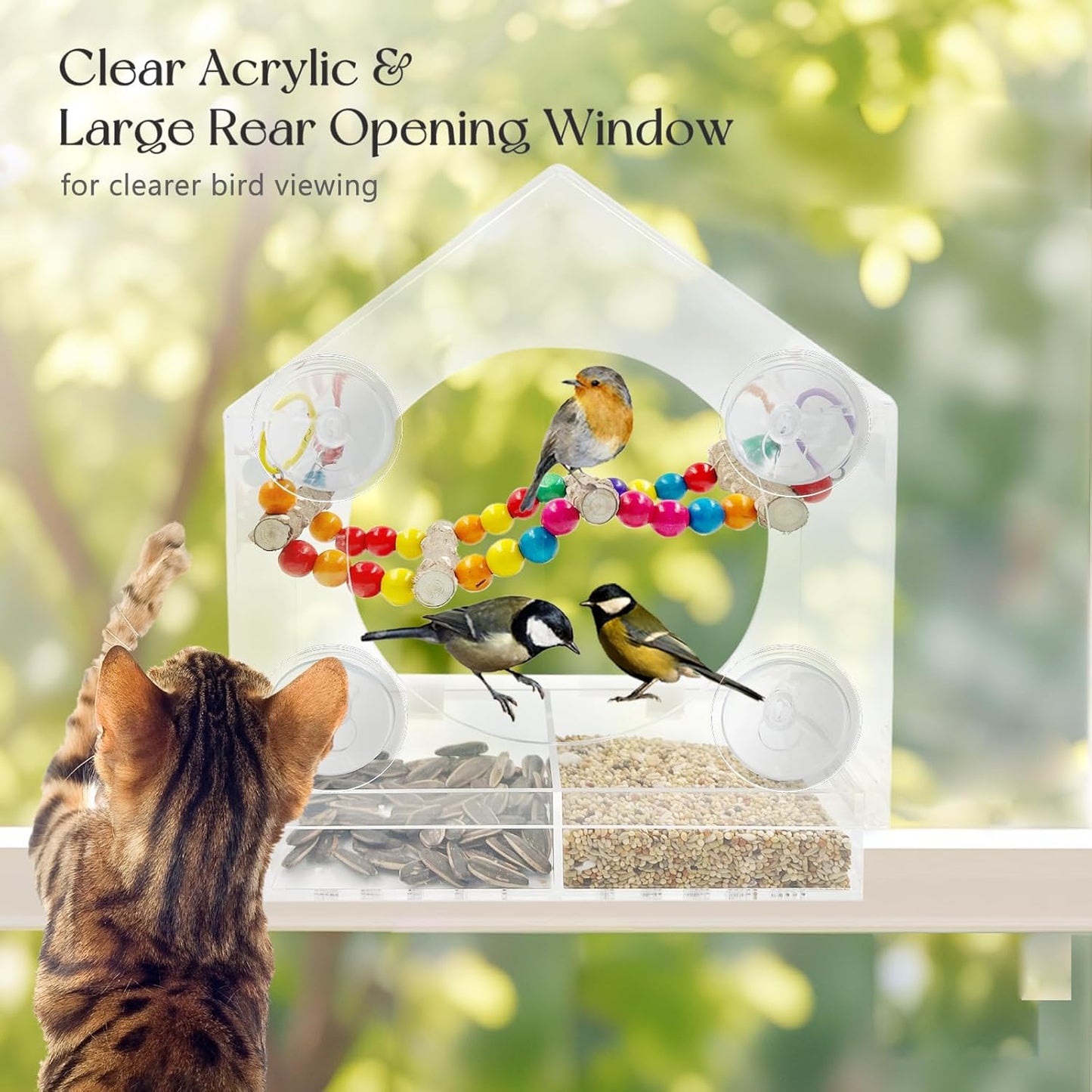 SNAIL GARDEN 9" Large Windows Bird Feeder with Peppered Wood Swing,2PCS Standing Stakes,4PCS Suction Cups,Acrylic Bird Feeder on Window with Removable Seed Tray(9×8.6×3.9in)