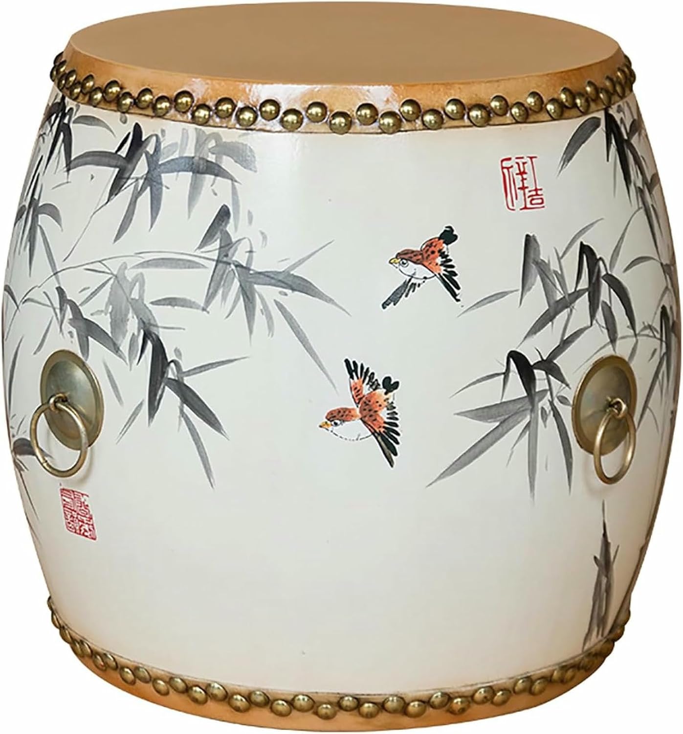 Wood Chinese Drum Stool,Decorative Ceramic Garden Stool Glazed Hand-Painted,Outdoor Side Table,Plant Stand for Living Room, Balcony & Garden