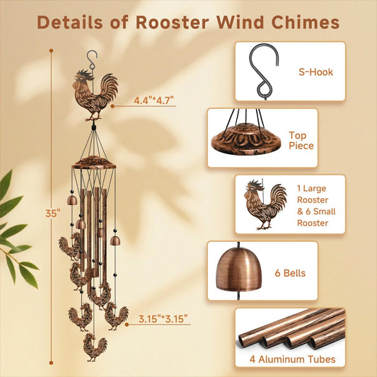 Rooster Wind Chimes for Outside, Rooster Gifts for Women/Men/Mother/Father, Metal Windchimes for Birthday/Christmas/Thanksgiving, Chicken Decor for Patio, Garden,Yard, Home, Porch