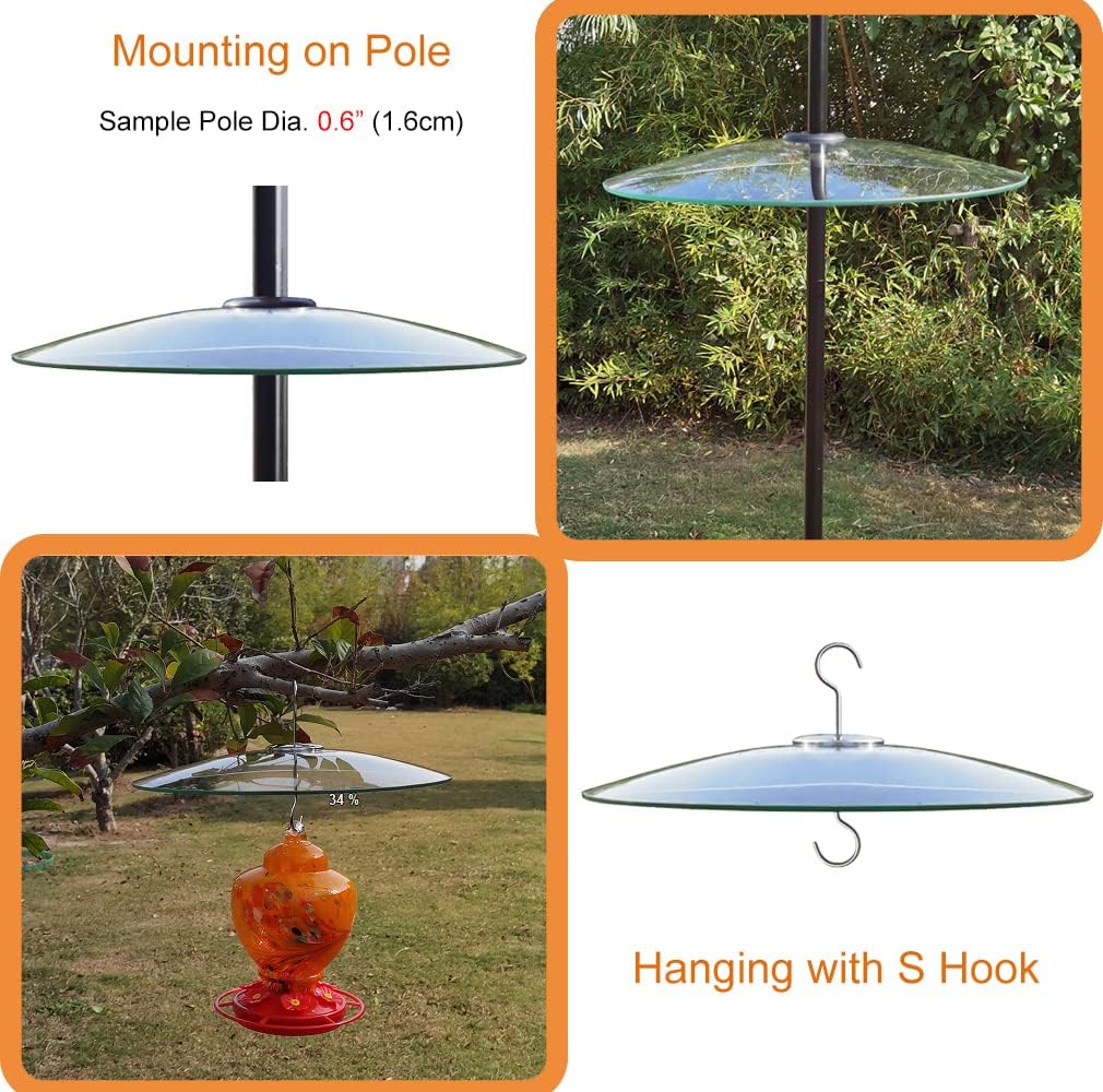 13" Glass Rain Cover for Bird Feeder Outdoors - Baffle on Shepherd Pole/Post or S Hook Hanging - Large Weather Guard Protective Dome - Clear (Dia. 33CM)