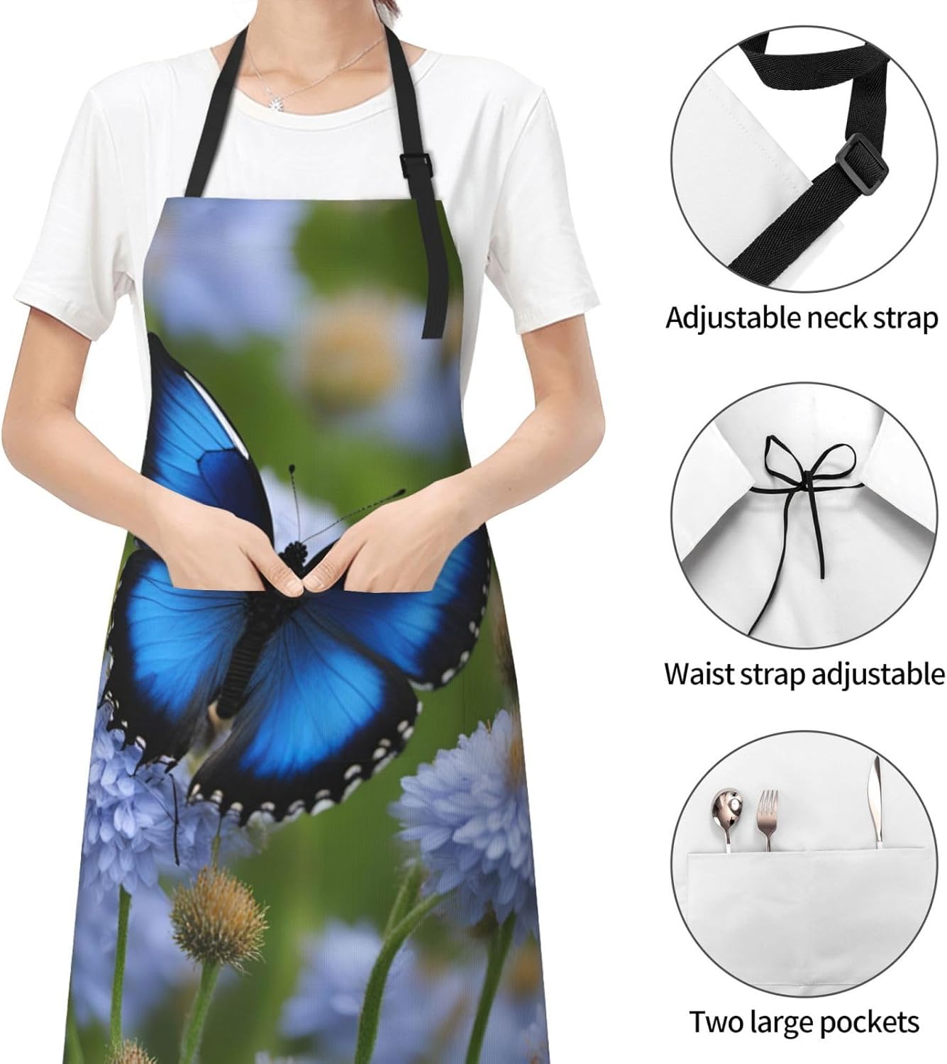 blue butterfly print Waterproof chef's apron with pocket apron for kit