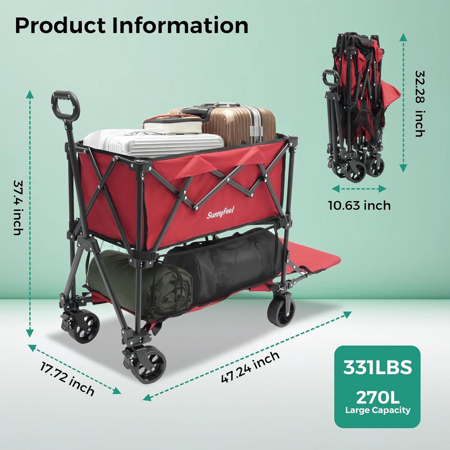 SUNNYFEEL Lightweight 47''L Double Decker Wagon for Sport, 270L Collap