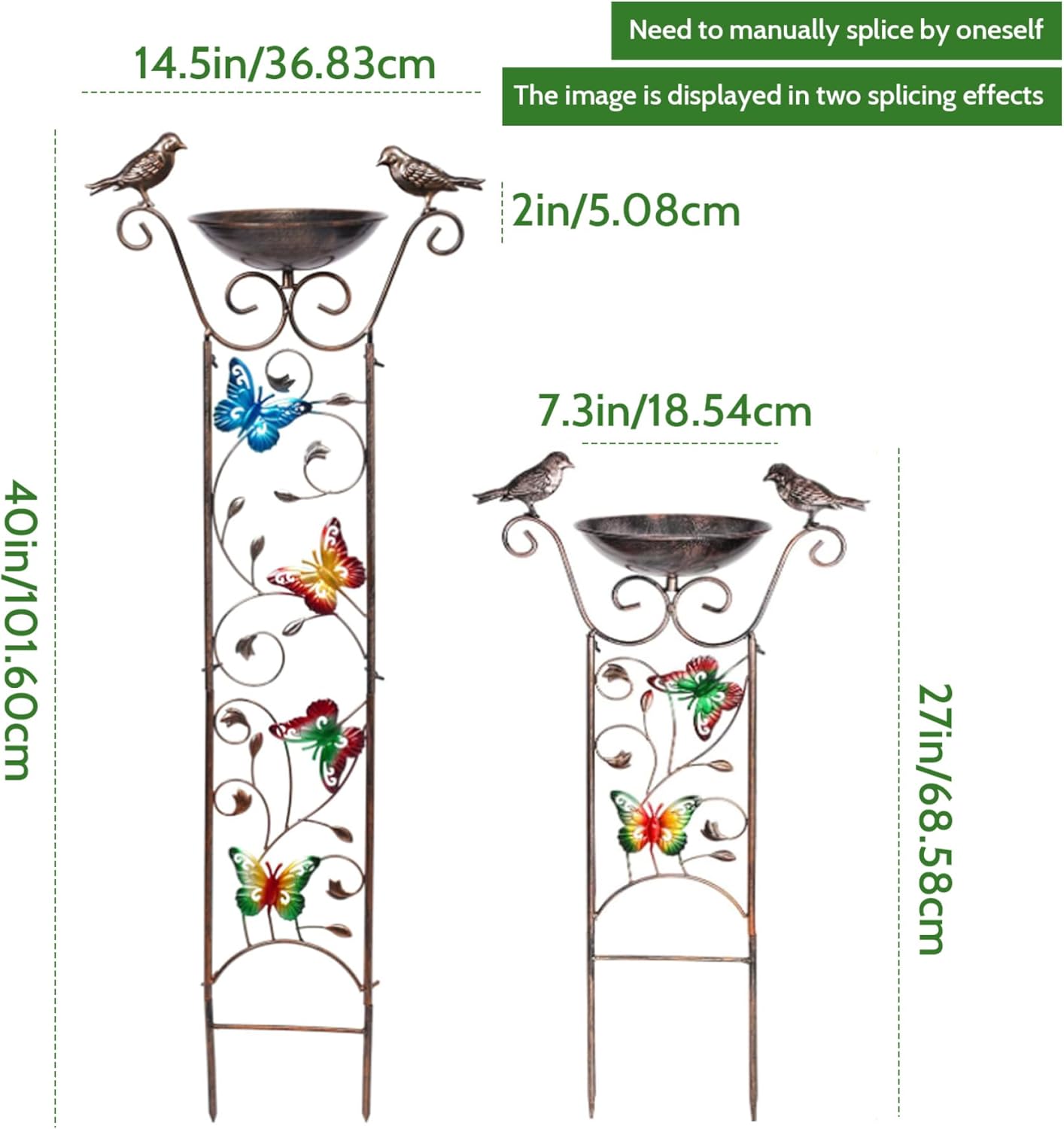 Bird Feeder Stand Bird Bath with Garden Trellis 2-in-1 Metal Bird Water Feeder with Decorative Butterfly Detachable Free Standing Bird Water Dispenser Standing Bird Feeder