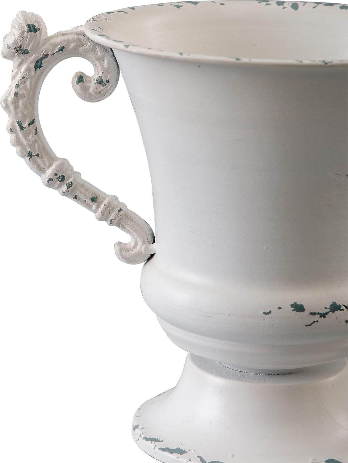 SOFE Distressed White Metal Vase, Decorative Rustic Flower Vase for Wedding Home Decor, 7 Inch Tall Small Urn Planter, Ideal Shelf Decor, Living Room Kitchen Office Table Centerpieces