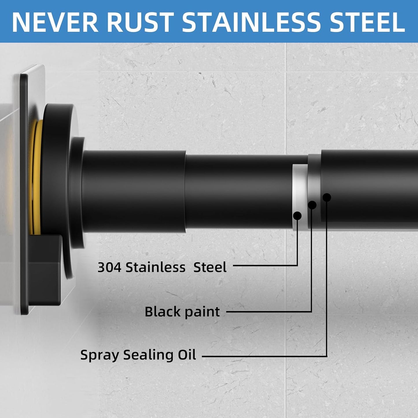 Matte Black Shower Curtain Rod,1 Inch Diameter Stainless Steel Adjustable Spring Tension Rods 32 to 80",with Holders,Anti-Slip,Curtain Rods No Drilling(1 Pack)