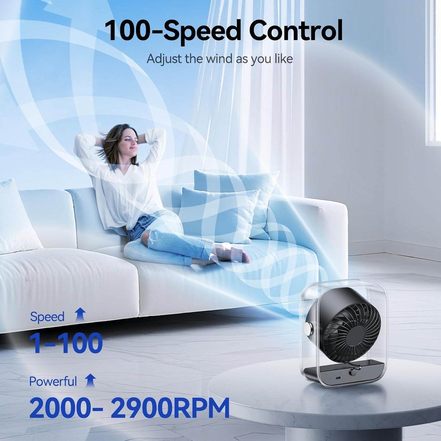 Rechargeable USB Desk Fan, Quiet Table Fan with Turbo Airflow, 100 Speeds, Digital Display, 90° Rotating, Small Battery Desktop Fans for Bedroom Home Office Travel, Black