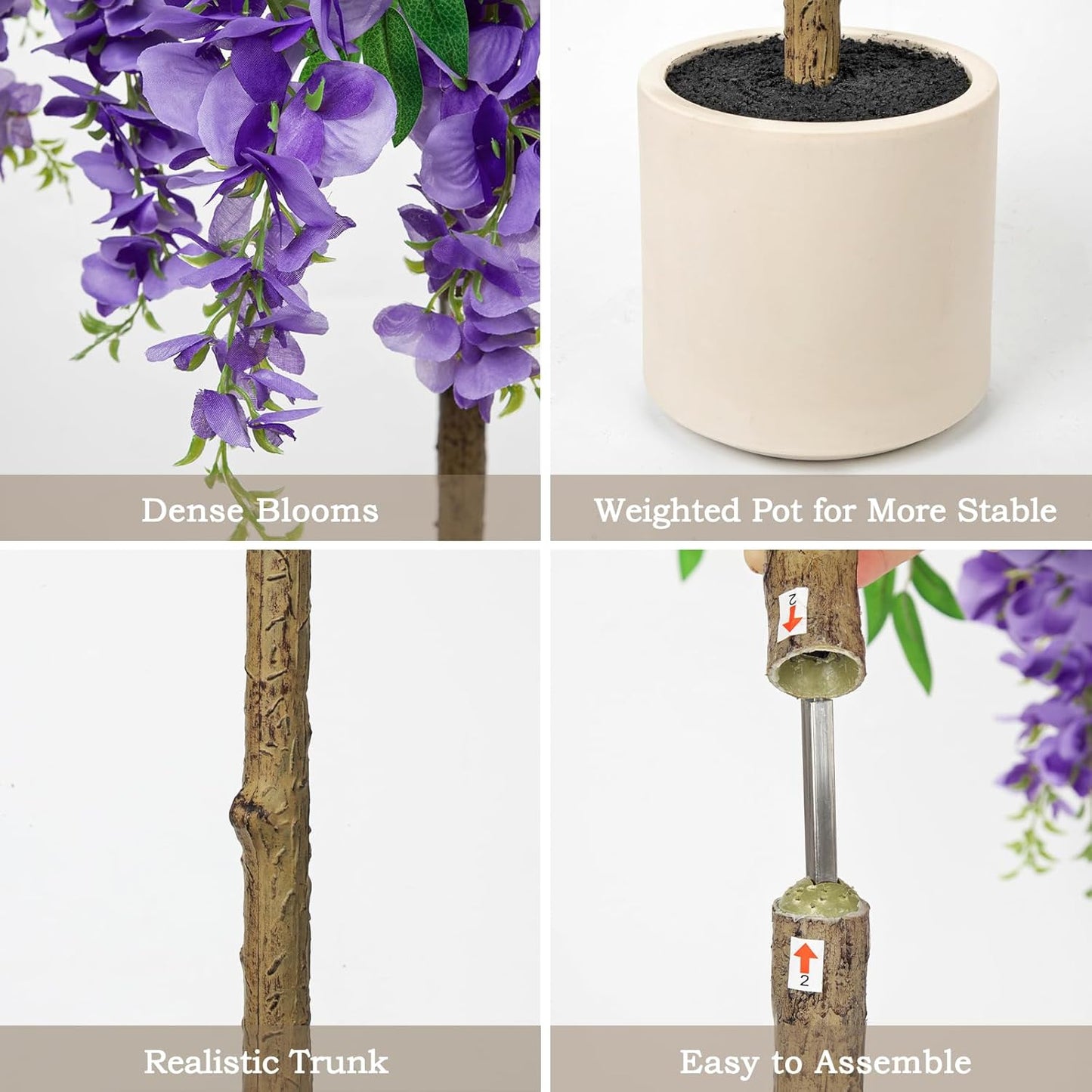 4FT Artificial Wisteria Tree in Pot, Faux Potted Floor Plant with Cascading Flowers, Realistic Fake Tree in Cream White Planter for Home Indoor Living Room Corner, Bedroom & Wedding Decor, Purple