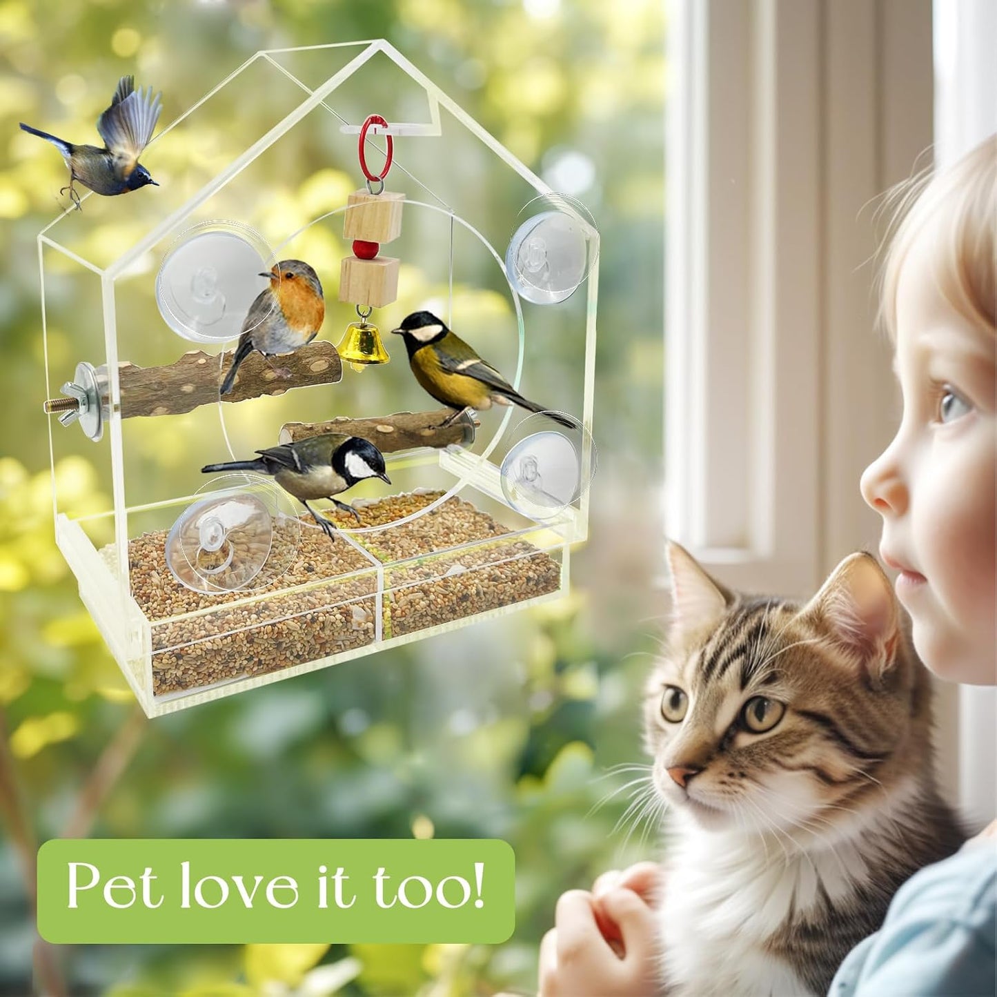 SNAIL GARDEN 9" Large Window Bird Feeder with 1pcs Nibbling Wood Strin