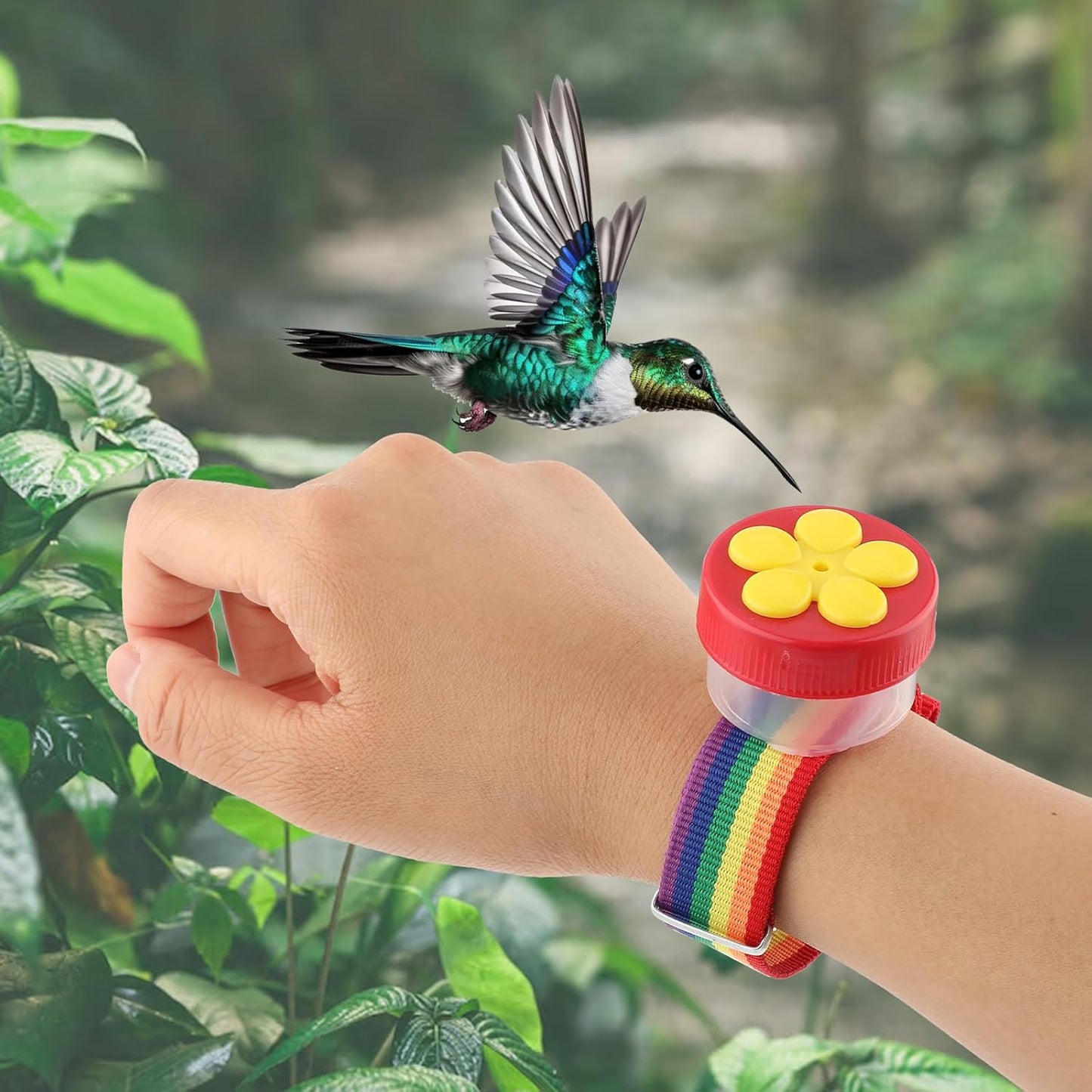 Hummingbird Wrist Feeder Set, 2 Pack Ring and Wrist Adjustable Hummingbird Hand Feeders with 2 Cleaning Brush Mini Hand Held Flower Hummingbird Feeders for Outdoor (Rainbow)