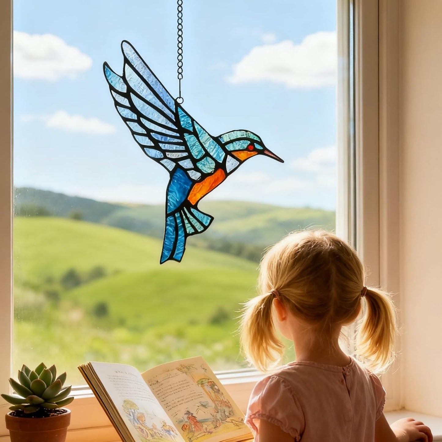 Stained Glass Bluebird Window Hanging Sun Catcher Ornament Bird, 9" x 6 1/2"
