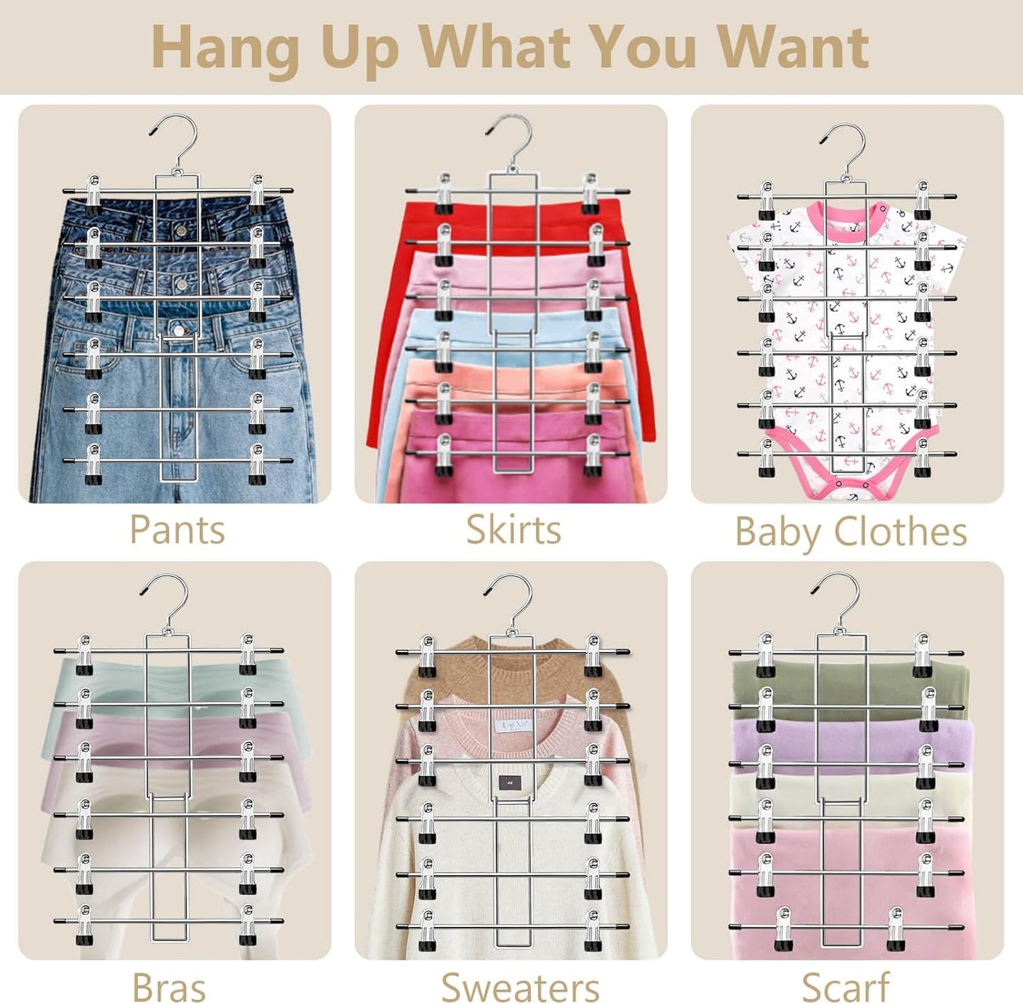 Pants Hangers with Clips,Space Saving Hanging Closet Organizer-6 Tiers
