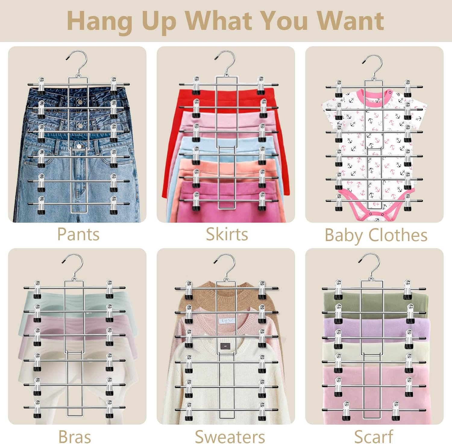 Pants Hangers with Clips,Space Saving Hanging Closet Organizer-6 Tiers