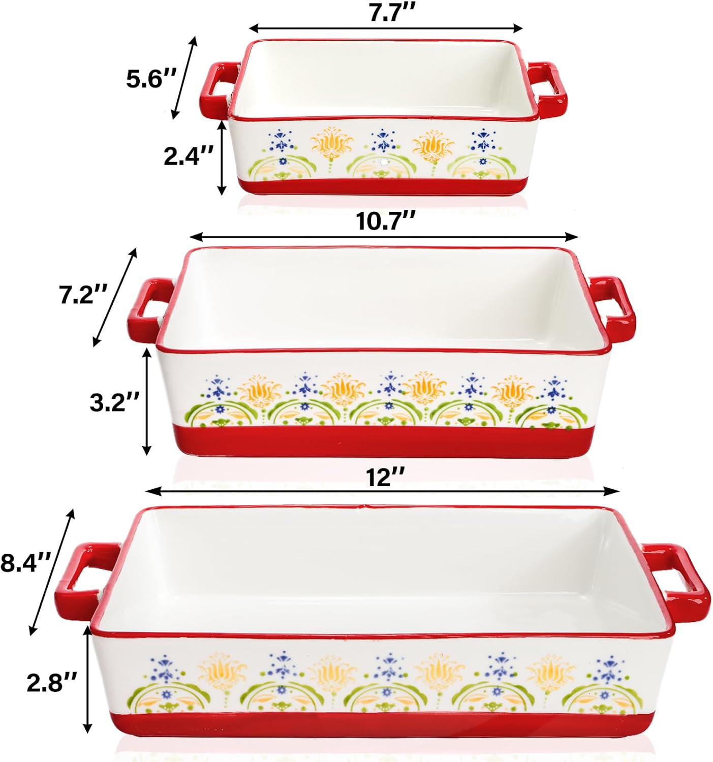 Set of 3 Ceramic Baking Dishes, Rectangular Casserole Dish for Oven, C